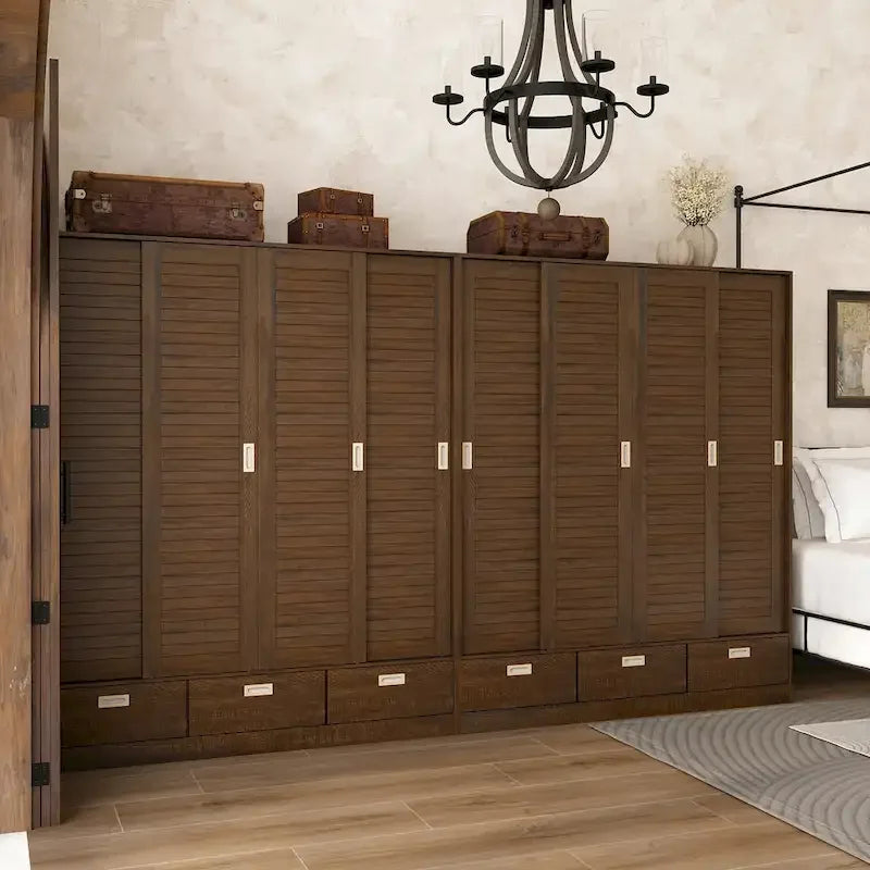 Brown Wardrobe Armoire with Drawers, Hanging Rod 4 Sliding Doors