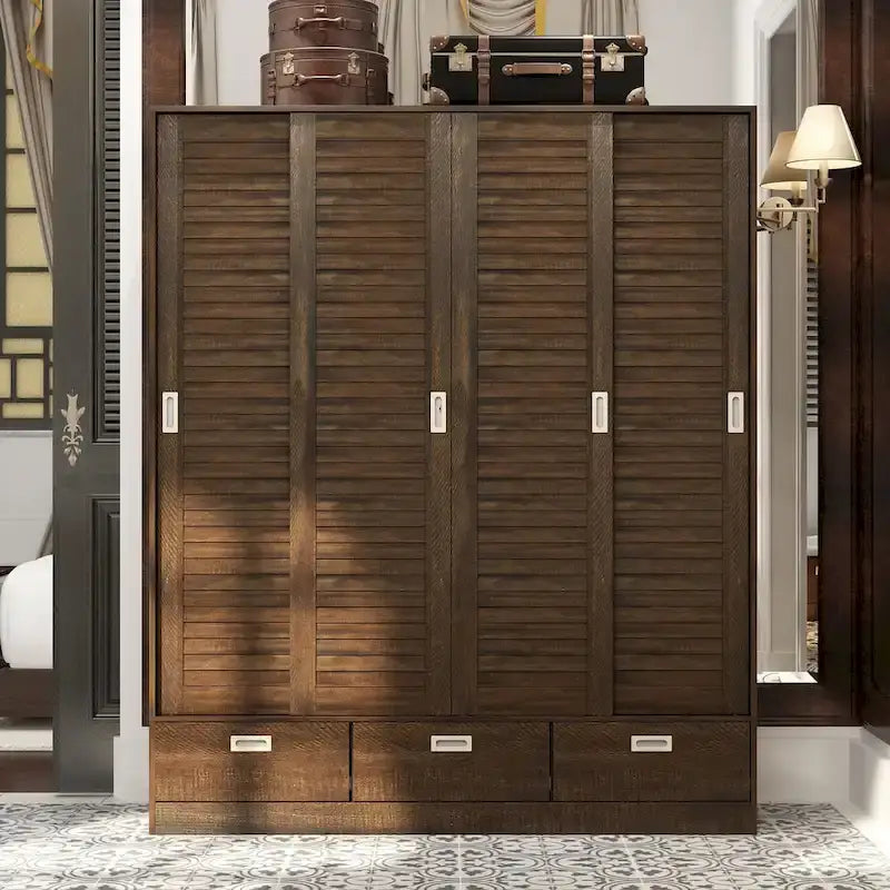 Brown Wardrobe Armoire with Drawers, Hanging Rod 4 Sliding Doors