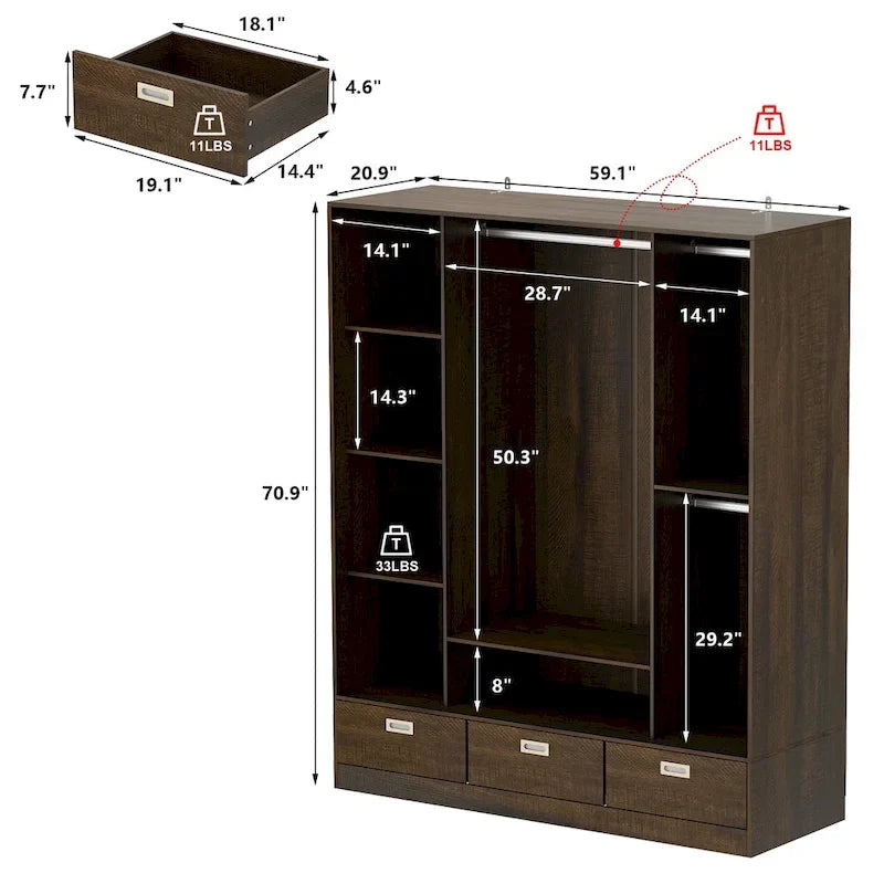 Brown Wardrobe Armoire with Drawers, Hanging Rod 4 Sliding Doors