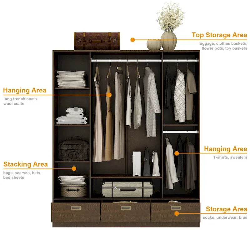 Brown Wardrobe Armoire with Drawers, Hanging Rod 4 Sliding Doors