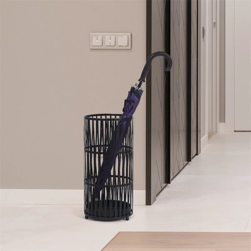 ADECO Stand Gold / Black Round RackMetal Umbrella Cane Walk Stick Drip Tray - 9. 2x9. 2x19