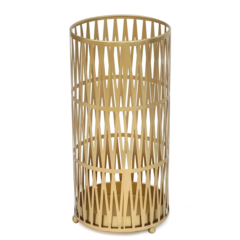 ADECO Stand Gold / Black Round RackMetal Umbrella Cane Walk Stick Drip Tray - 9. 2x9. 2x19