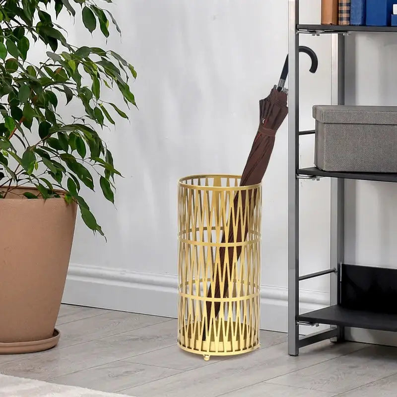 ADECO Stand Gold / Black Round RackMetal Umbrella Cane Walk Stick Drip Tray - 9. 2x9. 2x19