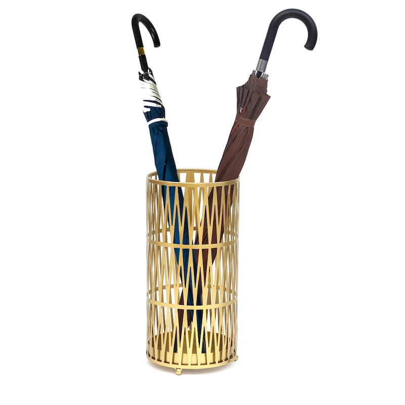 ADECO Stand Gold / Black Round RackMetal Umbrella Cane Walk Stick Drip Tray - 9. 2x9. 2x19