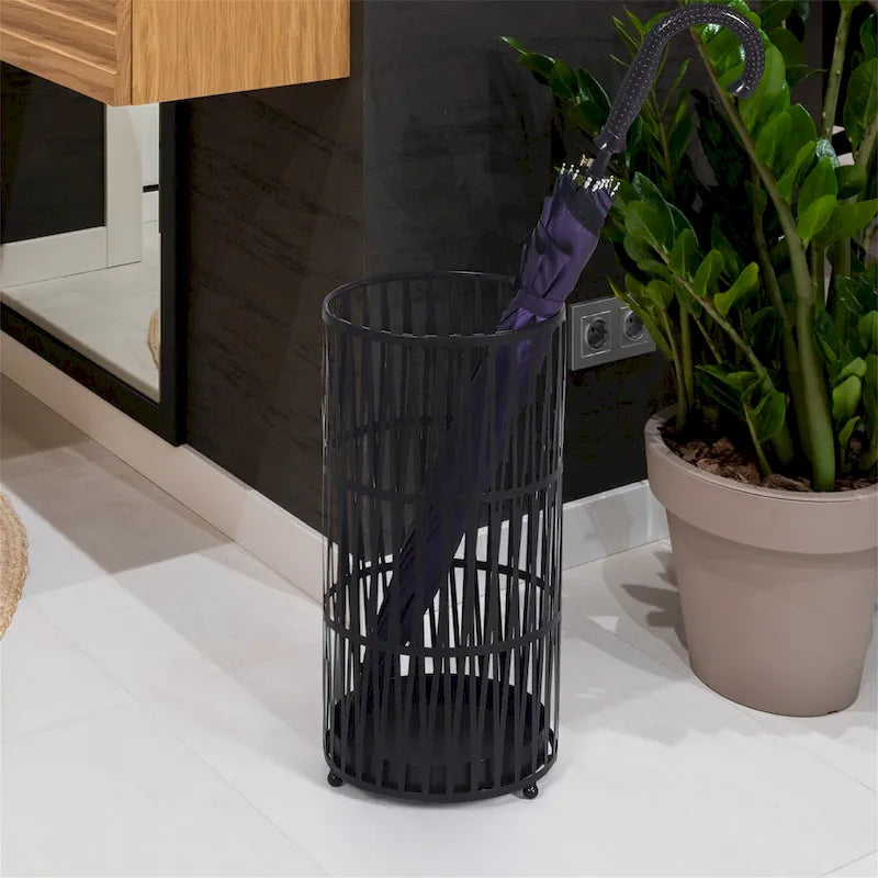 ADECO Stand Gold / Black Round RackMetal Umbrella Cane Walk Stick Drip Tray - 9. 2x9. 2x19