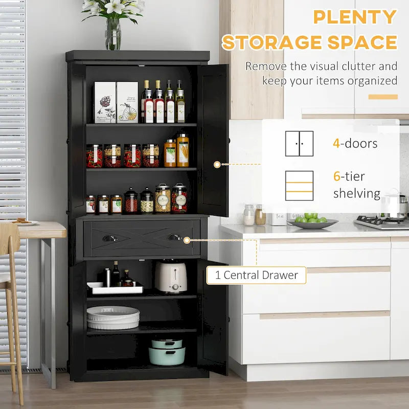 HOMCOM Freestanding Modern Farmhouse 4 Door Kitchen Pantry Cabinet, Storage Cabinet Organizer with 6-Tiers