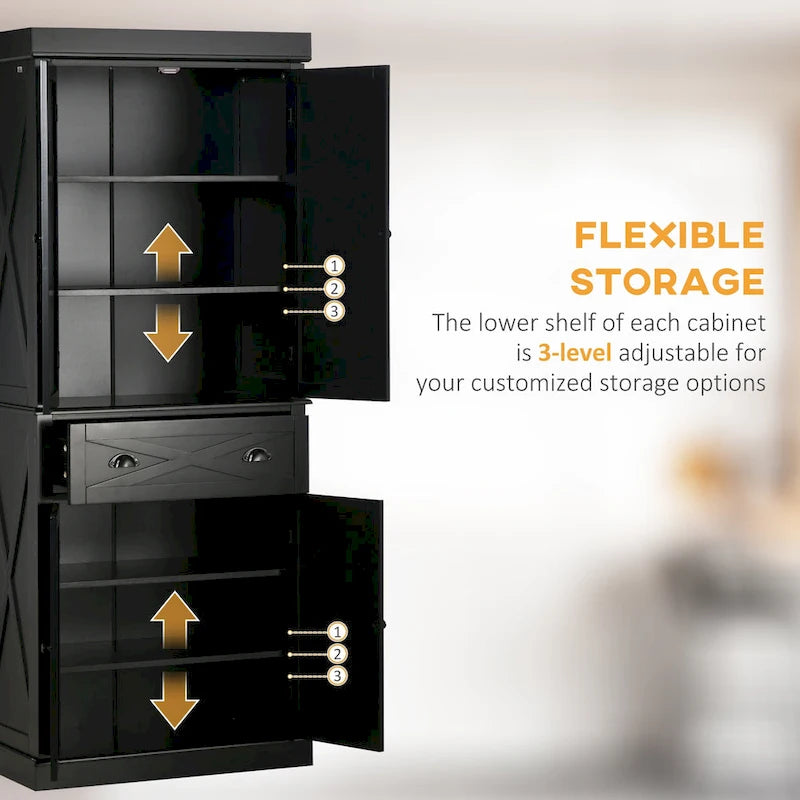 HOMCOM Freestanding Modern Farmhouse 4 Door Kitchen Pantry Cabinet, Storage Cabinet Organizer with 6-Tiers