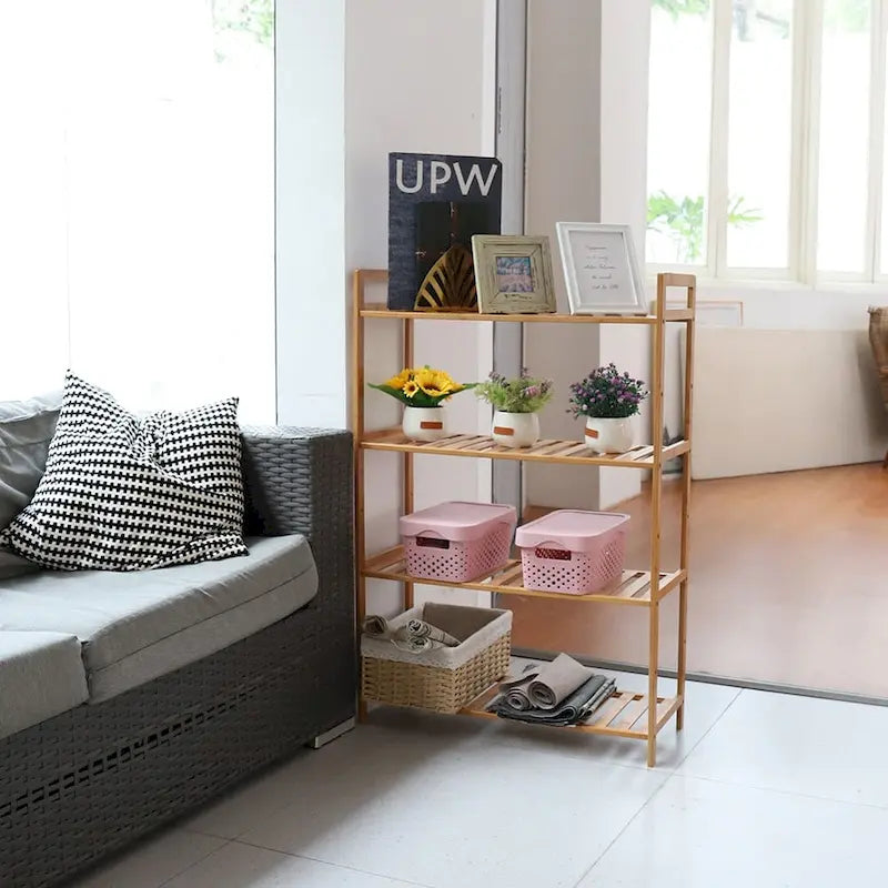 4 Tiers Bamboo Wood Storage Rack Kitchen Shelving Bookshelf - 26.46x9.84x38.97in