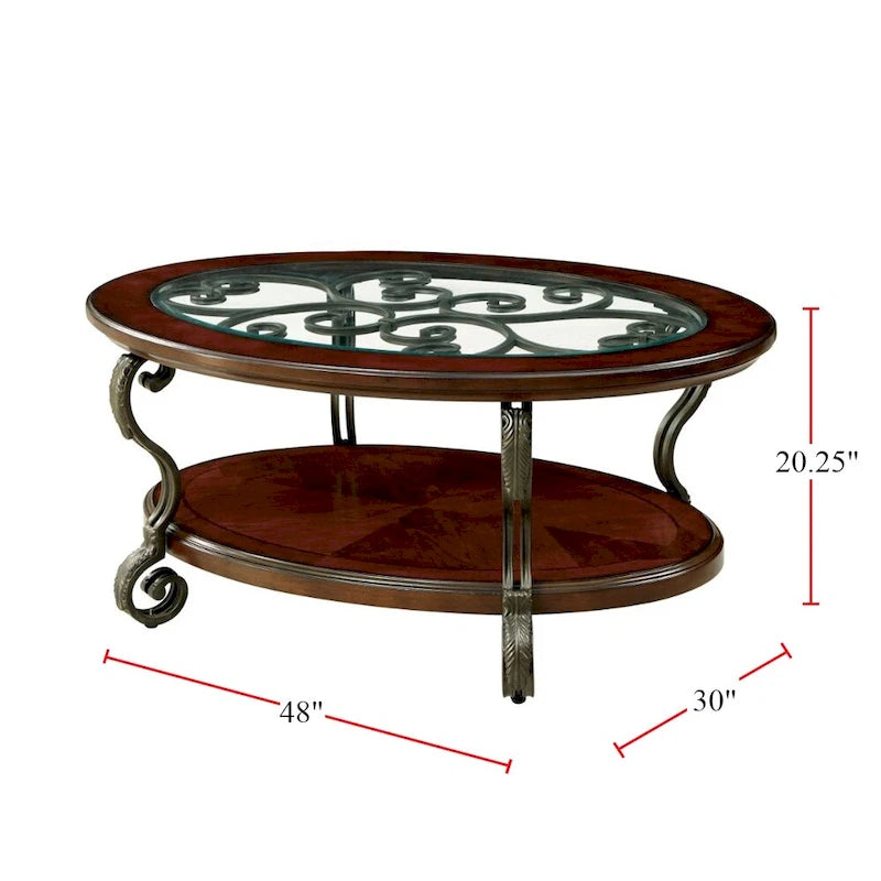 Wooden Coffee Table With Metal Frame in Brown Cherry Finish