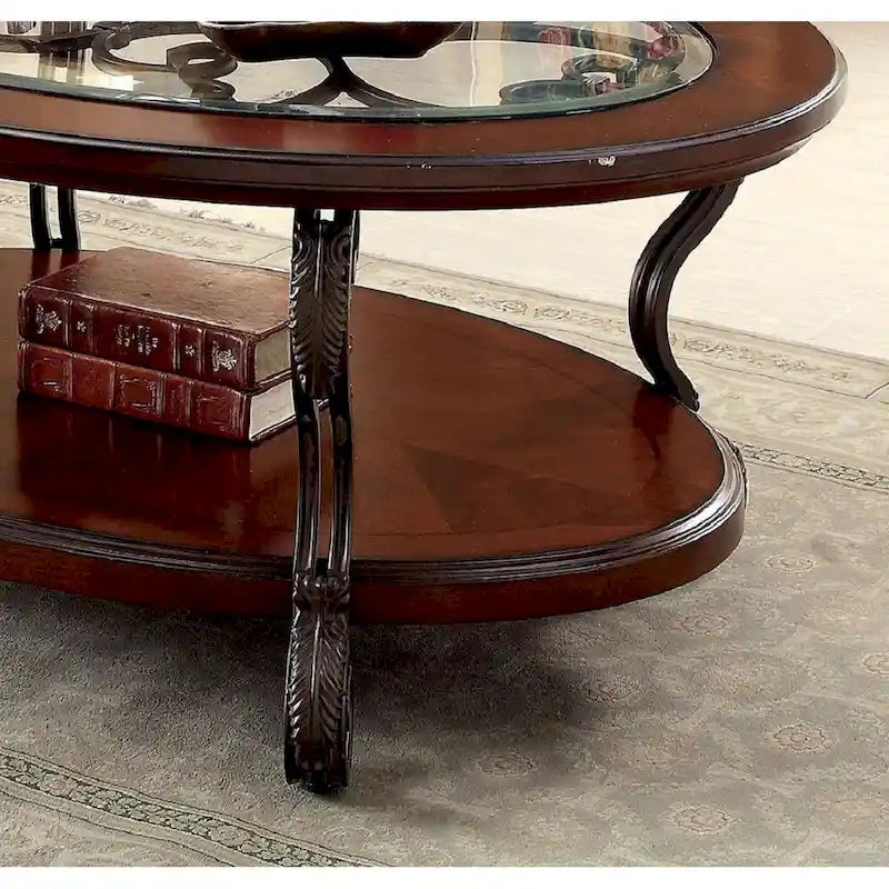 Wooden Coffee Table With Metal Frame in Brown Cherry Finish