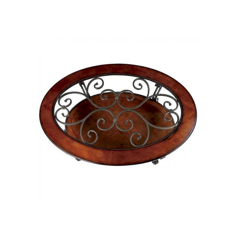 Wooden Coffee Table With Metal Frame in Brown Cherry Finish