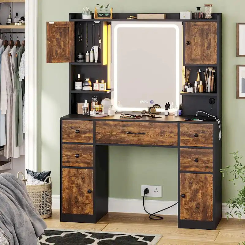 5 Drawers Vanity Desk Touch Screen Mirror Time Display Makeup Vanity