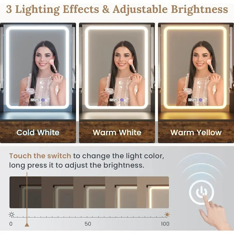 5 Drawers Vanity Desk Touch Screen Mirror Time Display Makeup Vanity