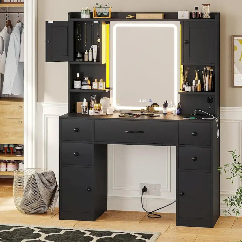 5 Drawers Vanity Desk Touch Screen Mirror Time Display Makeup Vanity