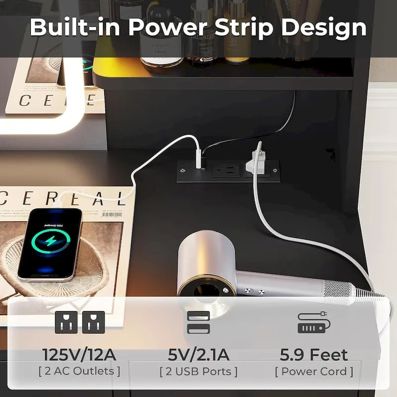 5 Drawers Vanity Desk Touch Screen Mirror Time Display Makeup Vanity