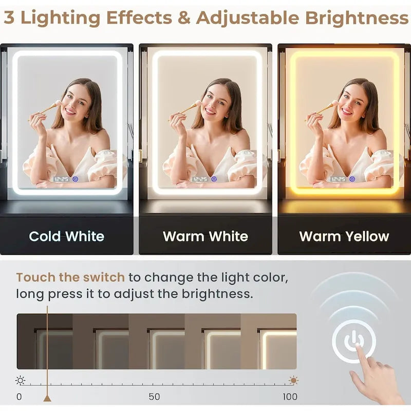 5 Drawers Vanity Desk Touch Screen Mirror Time Display Makeup Vanity