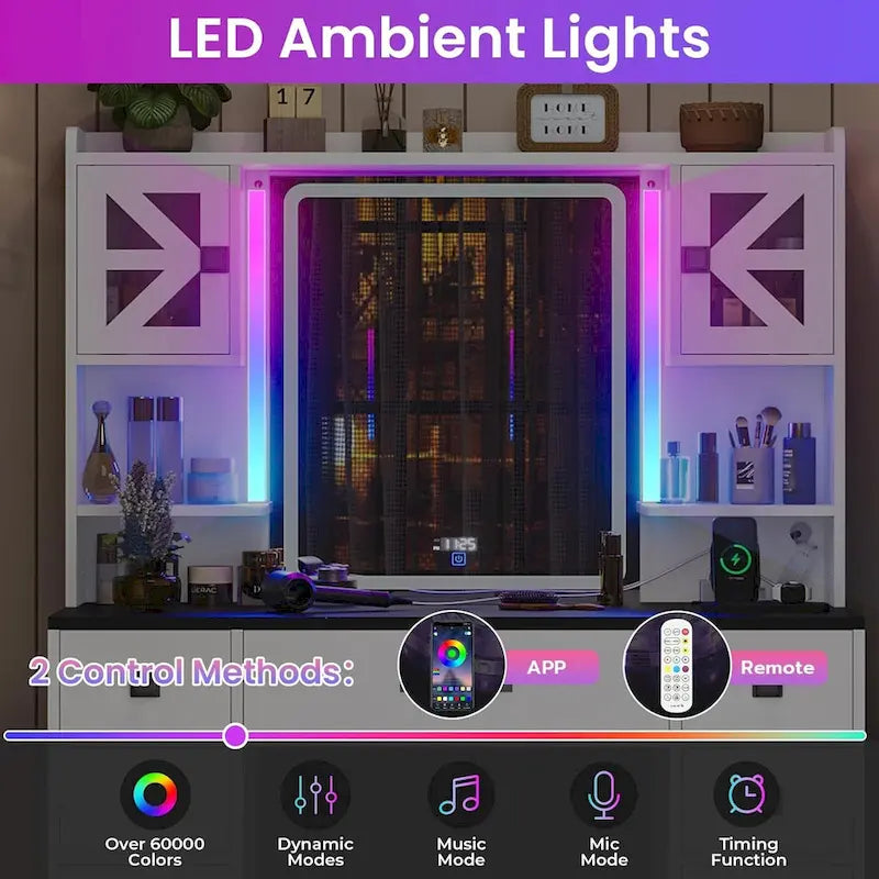 5 Drawers Vanity Desk Touch Screen Mirror Time Display Makeup Vanity