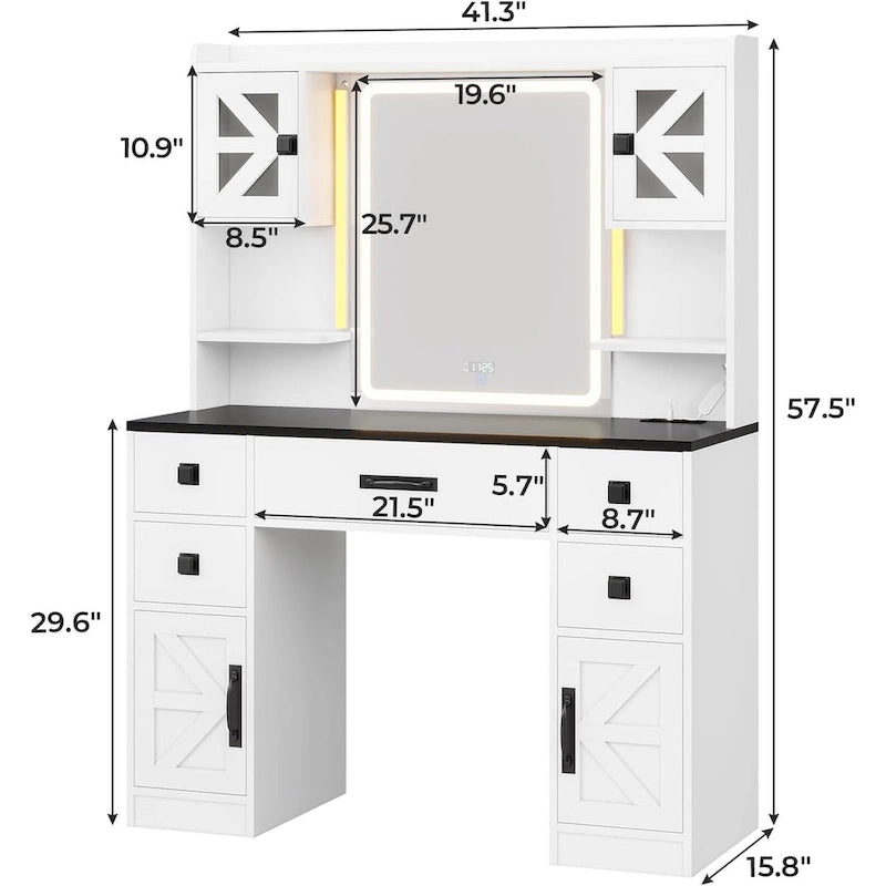 5 Drawers Vanity Desk Touch Screen Mirror Time Display Makeup Vanity