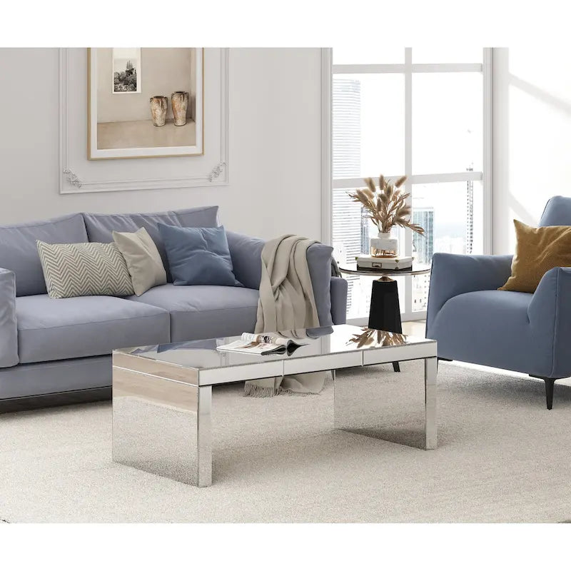 Glam Glass Mirrored Coffee Table Rectangle Silver Accent Table