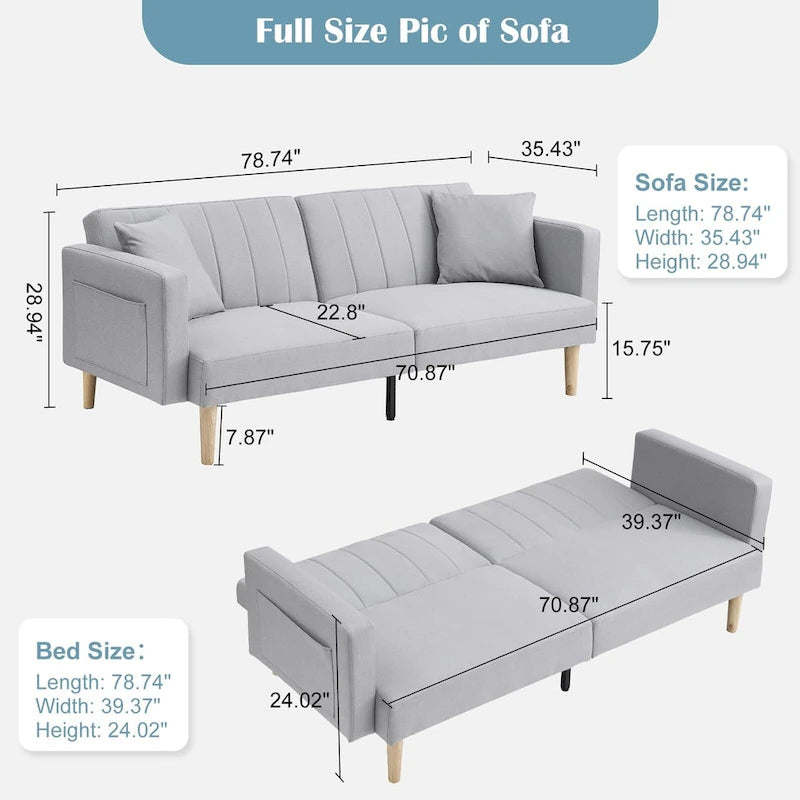 78.74Inch Modern Fabric Sofa Bed 3-in-1 Foldable Sleeper Sofa Bed