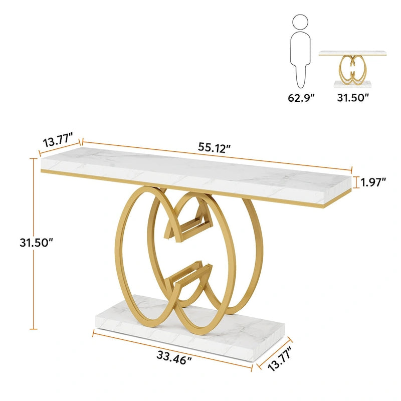 55 Inch Faux Marble Console Table Gold Sofa Table for Entryway