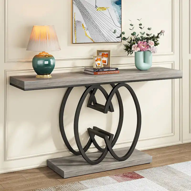 55 Inch Faux Marble Console Table Gold Sofa Table for Entryway