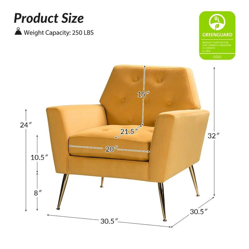 Lilia Contemporary Velvet Upholstered Tufted Back Armchair with Metal Golden legs by HULALA HOME