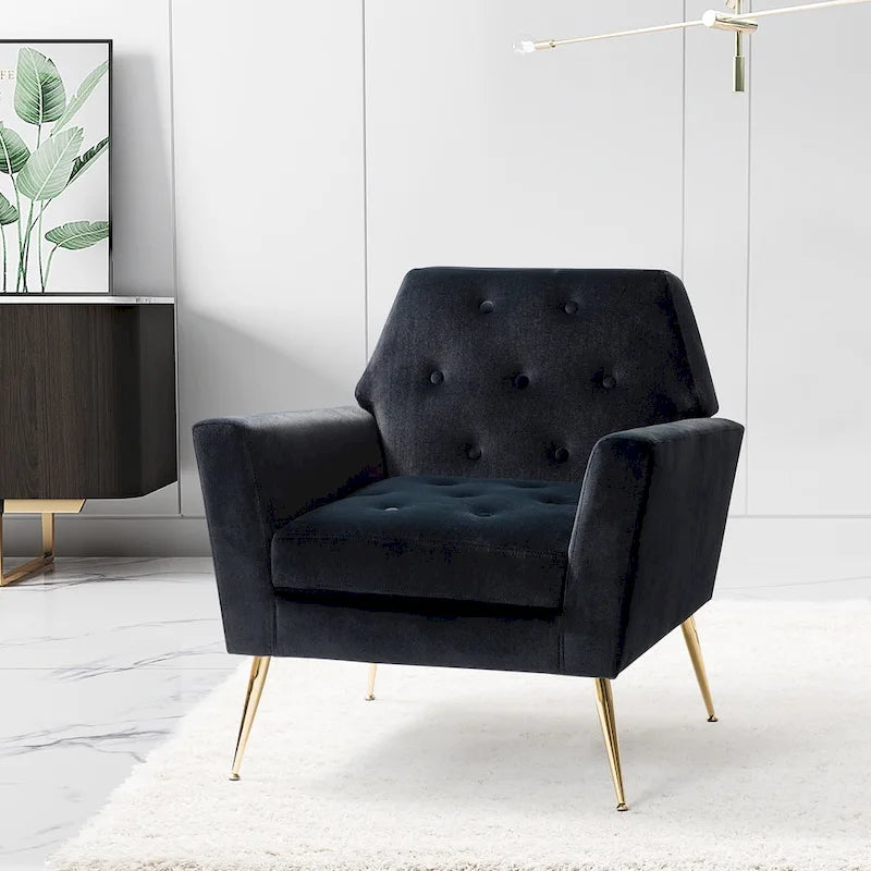Lilia Contemporary Velvet Upholstered Tufted Back Armchair with Metal Golden legs by HULALA HOME