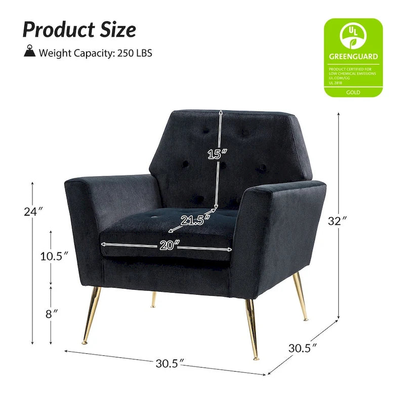 Lilia Contemporary Velvet Upholstered Tufted Back Armchair with Metal Golden legs by HULALA HOME