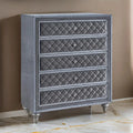 Yin 49 Inch Tall 5 Drawer Dresser Chest, Crystal Knobs, Smooth Gray Velvet