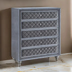 Yin 49 Inch Tall 5 Drawer Dresser Chest, Crystal Knobs, Smooth Gray Velvet