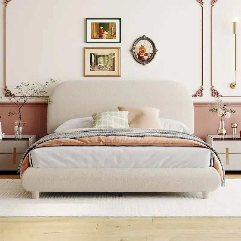 Teddy Fleece Full Size Upholstered Platform Bed with Thick Fabric, Solid Frame and Stylish Curve-shaped Design