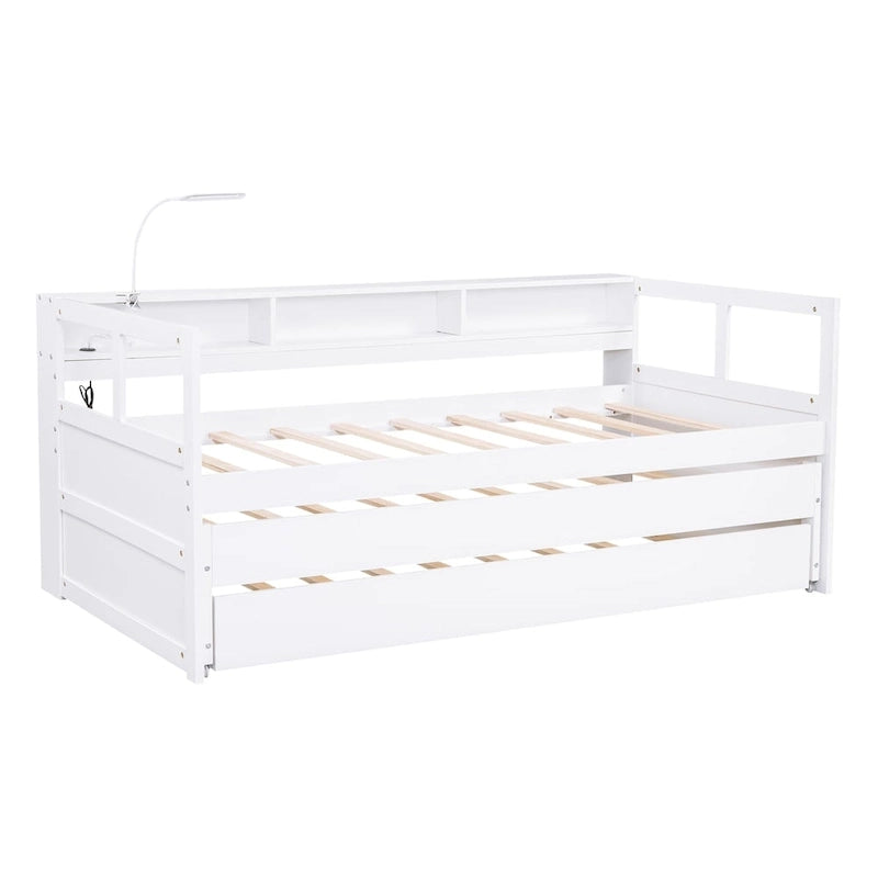 Wood Daybed with 2 Trundles, 3 Storage Cubbies, 1 Light for Free and USB Charging Design