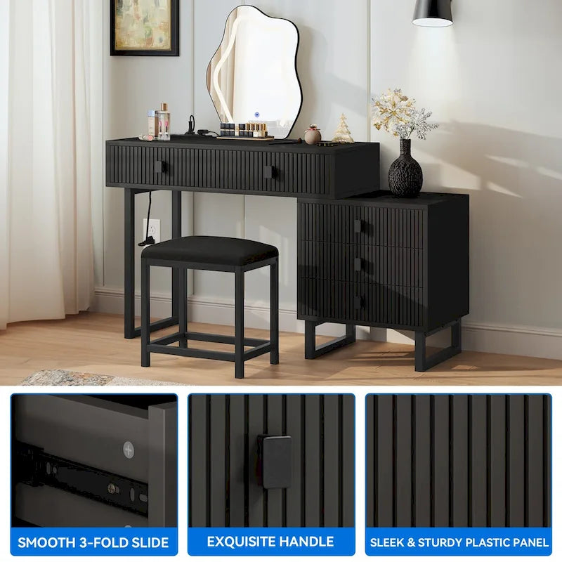 Moasis Makeup Vanity Set with Mirror Stool Power Station 5 Drawers Dressing Table Desk - 43.3 x 15.74 x 49.9 inch (L x W x H)