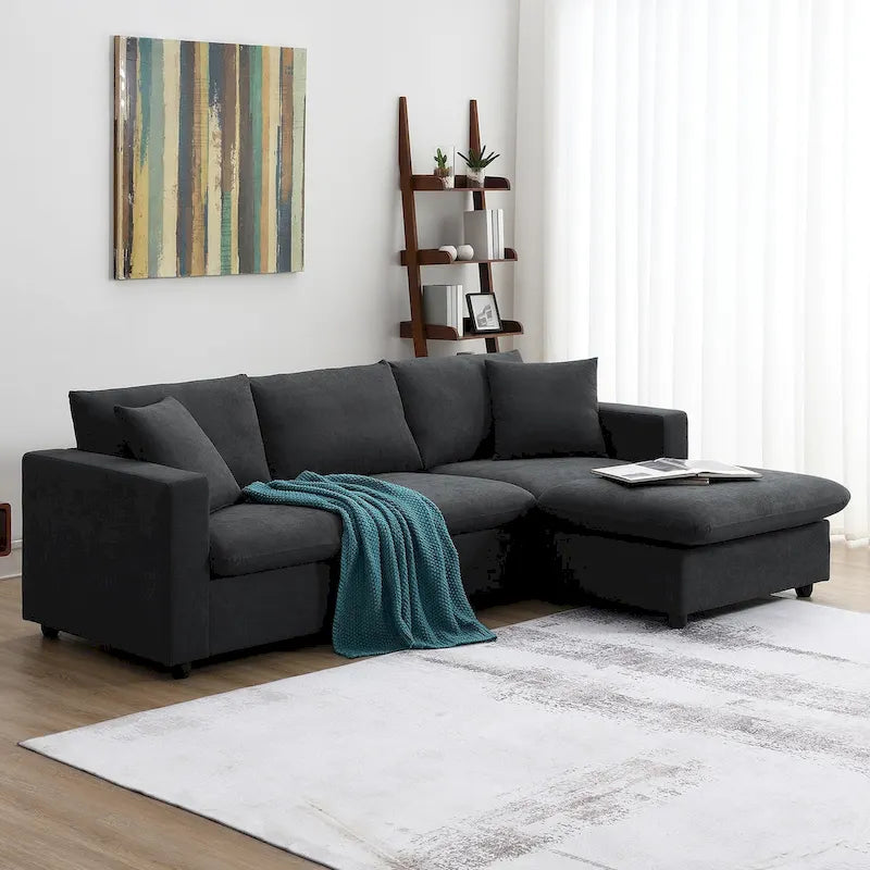 Modern L-shaped 4-Seat Sectional Sofa Couch Set with Ottoman