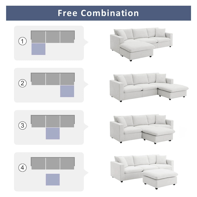 Modern L-shaped 4-Seat Sectional Sofa Couch Set with Ottoman