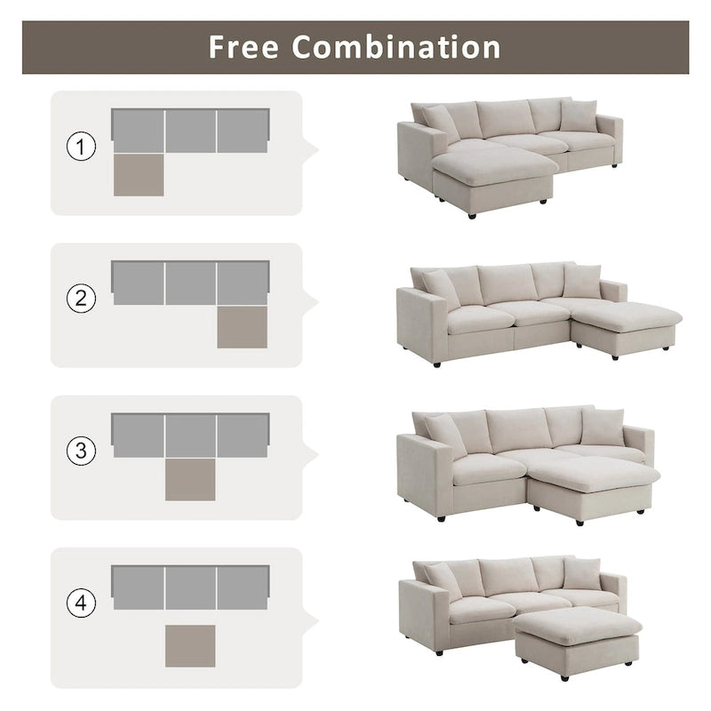 Modern L-shaped 4-Seat Sectional Sofa Couch Set with Ottoman