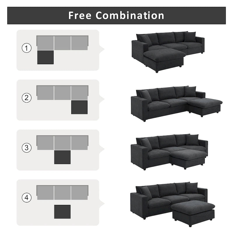 Modern L-shaped 4-Seat Sectional Sofa Couch Set with Ottoman