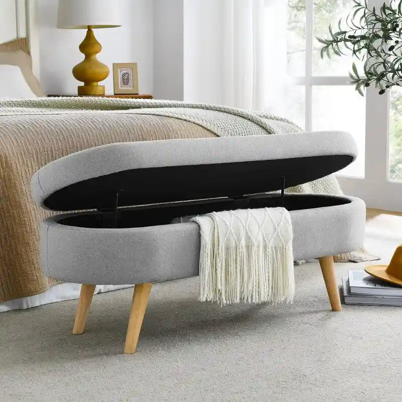 Modern Upholstered Storage Bench with Solid Wood Legs, Entryway Footrest Stool, End of Bed Bench, Vanity Ottoman