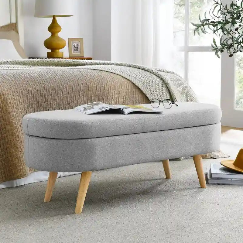 Modern Upholstered Storage Bench with Solid Wood Legs, Entryway Footrest Stool, End of Bed Bench, Vanity Ottoman