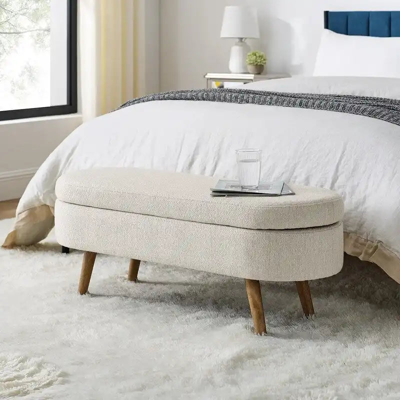 Modern Upholstered Storage Bench with Solid Wood Legs, Entryway Footrest Stool, End of Bed Bench, Vanity Ottoman