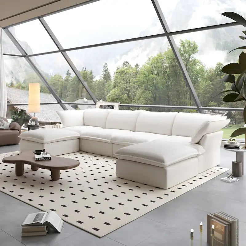 U Shape Couches for Living Room, 6-Seat Convertible Sectional Sofa With Ottoman