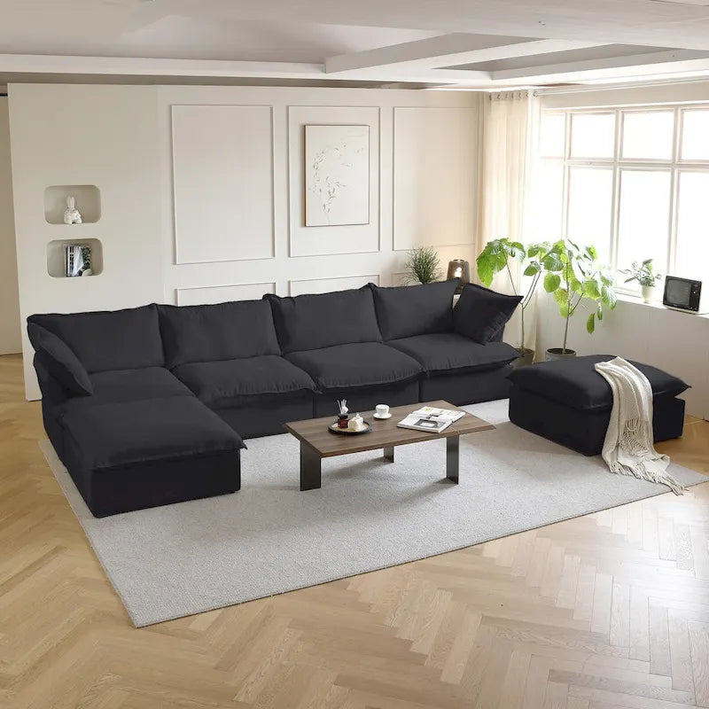 U Shape Couches for Living Room, 6-Seat Convertible Sectional Sofa With Ottoman