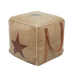 Canvas Pouf with Leather Handles - Gray, Brown, White, Cream or Beige - Roche River Decor