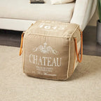 Canvas Pouf with Leather Handles - Gray, Brown, White, Cream or Beige - Roche River Decor