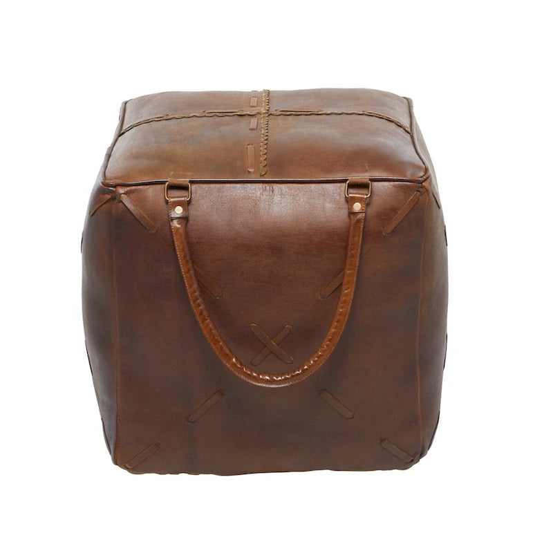 Canvas Pouf with Leather Handles - Gray, Brown, White, Cream or Beige - Roche River Decor