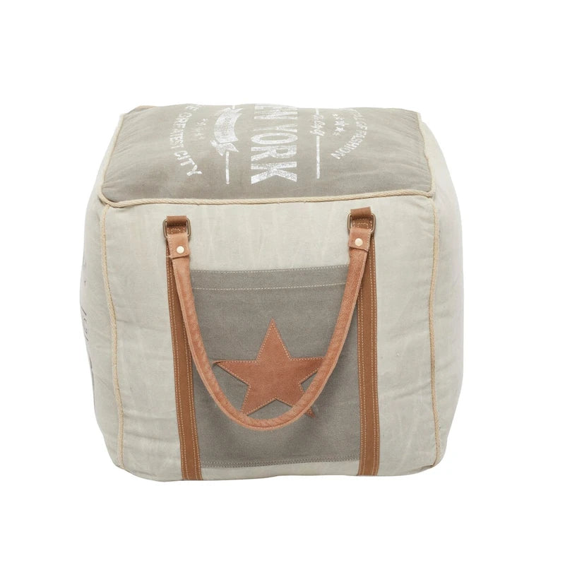 Canvas Pouf with Leather Handles - Gray, Brown, White, Cream or Beige - Roche River Decor