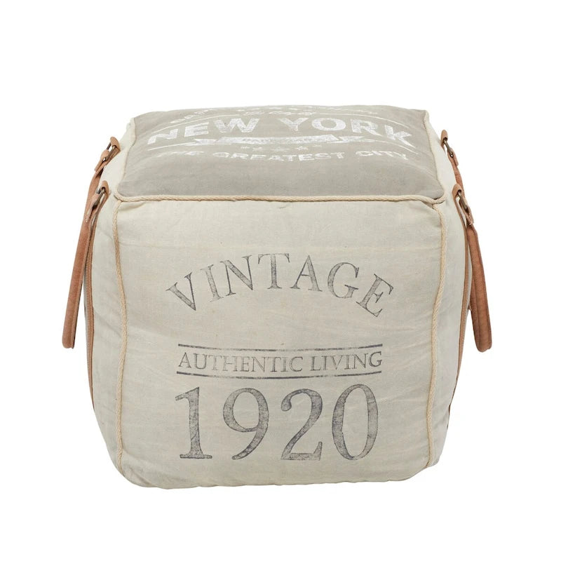 Canvas Pouf with Leather Handles - Gray, Brown, White, Cream or Beige - Roche River Decor