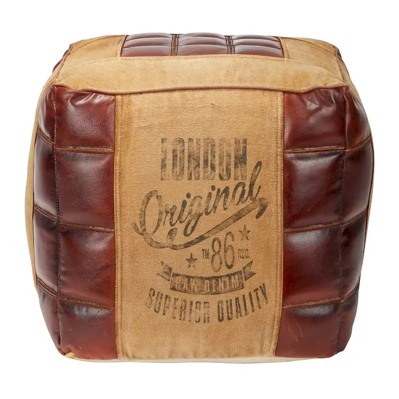 Canvas Pouf with Leather Handles - Gray, Brown, White, Cream or Beige - Roche River Decor