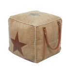 Canvas Pouf with Leather Handles - Gray, Brown, White, Cream or Beige - Roche River Decor